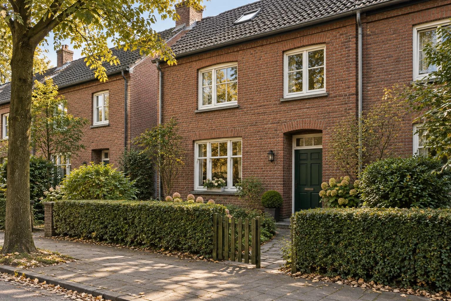 Gepflegtes Backsteinreihenhaus mit grüner Eingangstür, kleinem Vorgarten und Gartentor in einer grünen Wohnstraße.