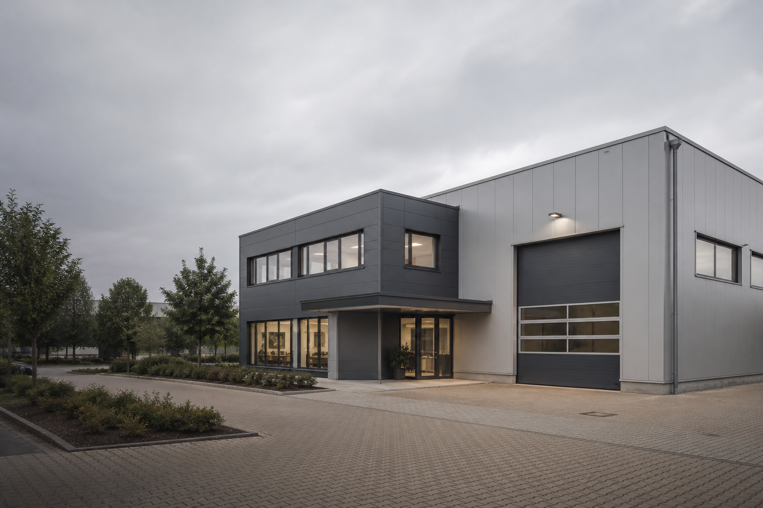 Gewerbehalle mit Bürotrakt als Symbolbild für den Gewerbeimmobilienverkauf